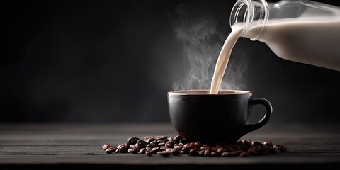 A cup filled with a hot, dark beverage as white liquid streams from a bottle