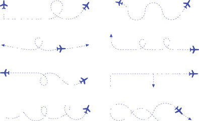Blue airplanes with dashed flight paths on white background
