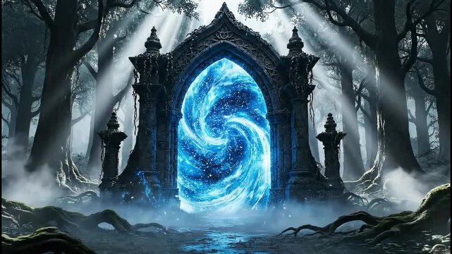 Magical portal door glowing in dark forest, fairy energy, mist and light rays, mystical atmosphere, cinematic fantasy style