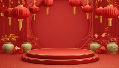 Festive red scene with a podium, lanterns, floral arrangements, and traditional decor