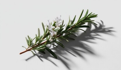 Close-up of a sprig of rosemary with small white flowers, casting a shadow on a white surface