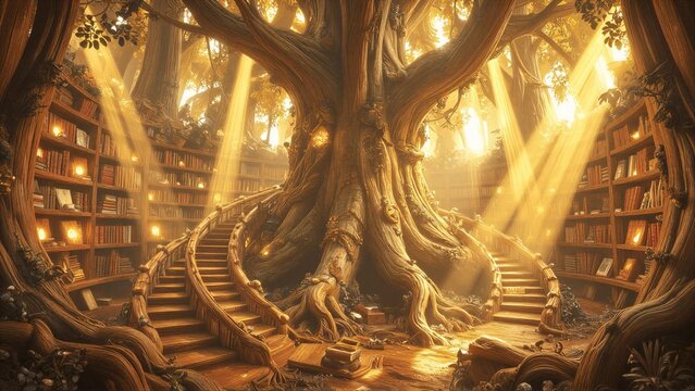 Enchanted Library in Ancient Tree