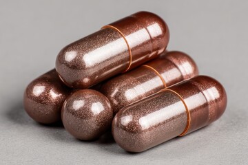 Close-up of several brown capsules arranged in a pile on a plain gray background