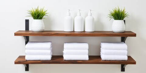 Wooden shelves with folded white towels, plants in vases, and sanitizing bottles for modern bathroom. Use: hotel lobby decor, guest room vanity, spa.
