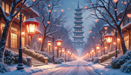 Naklejka premium serene winter street illuminated by lanterns with a pagoda in the background, featuring falling hearts for romantic ambiance, concept love and togetherness, with copy space