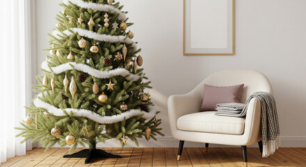 A decorated Christmas tree with gold ornaments and white garland stands beside a cozy white armchair with a pink cushion and folded blanket, creating a festive atmosphere.