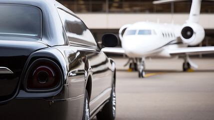 Luxury lifestyle: A sleek black car stands ready on the tarmac as a private jet awaits, symbolizing wealth and exclusive travel. High-end service and ultimate transport.