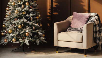 Cozy scene with a decorated Christmas tree beside a beige armchair. The chair is adorned with a purple pillow and a plaid blanket, set in warm lighting.