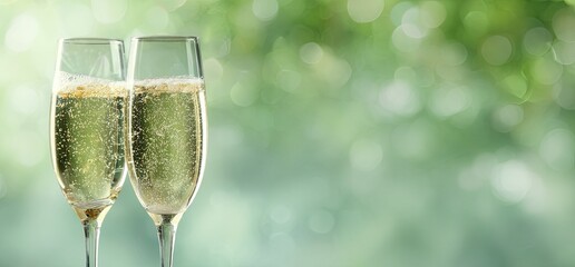 Two champagne glasses filled with sparkling liquid against a soft, green, blurred background
