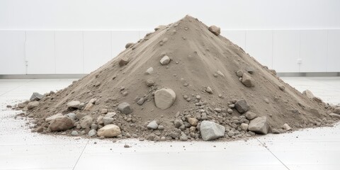 Large beige sand and gray rock pile sits in a pristine white indoor room. Use: art museum display, architecture firm portfolio, environmental study.
