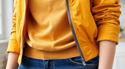 Close-up of a yellow ribbed sweater under a casual jacket paired with blue denim jeans. Use: fashion editorial, lifestyle blog.