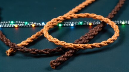 Two braided leather ropes, one brown and one tan, rest on a dark surface with colorful LED string lights in the background. Use: holiday decor.
