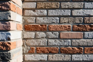 A colorful brick wall featuring red, gray, and brown hues in a textured pattern. The corner showcases intricate masonry details under natural light.