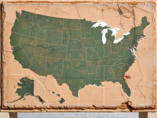 Rustic weathered United States state outline with green and beige colors, showing vintage cartoonish artwork on a cracked surface. Use: educational.