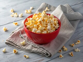 A vibrant red bowl filled with fluffy, golden popcorn resting on a rustic wooden surface