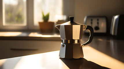 Moka pot on the counter with sunlight streaming through the window. Perfect for brewing a rich, flavorful espresso-like coffee at home, a simple kitchen scene.