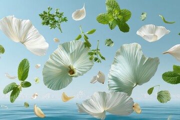 Floating white flower petals, herbs, and garlic cloves against a light blue background