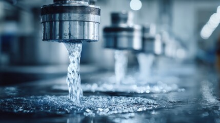 Dynamic medium shot of automated water recycling machinery recapturing rinse water for reuse highlighting green engineering and ecological preservation.