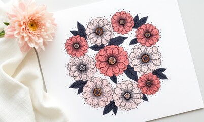Delicate pink and white floral illustration in circular arrangement with navy leaves. Use: wedding invitation design, greeting card background.