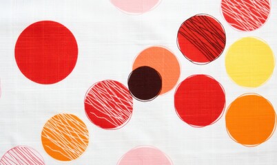 Vibrant circular patterns in red, orange, and yellow adorn a textured white fabric. Use: fashion design illustration, home decor catalog, textile.