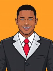 A cheerful dark-skinned male with short curly hair wears a formal black suit and vibrant red tie against an eye-catching solid yellow-orange.