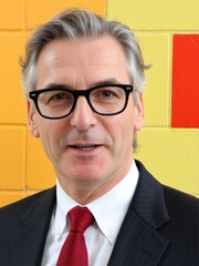 A professional businessman in a pinstripe suit and red tie poses for a portrait against a bright yellow wall with an orange accent. Use: corporate.
