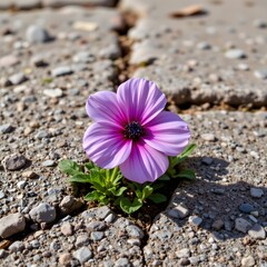 Purple Flower Growing Through Cracks in a Stone Pathway in a Natural Outdoor Environment