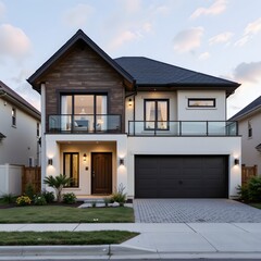 Modern Residential House with Elegant Exterior Design and Front Balcony at Dusk in Suburban Area