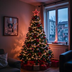 Beautifully Decorated Christmas Tree with Lights and Ornaments in a Cozy Living Room Setting