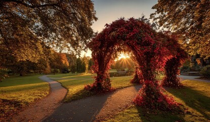 Scenic golden-hour shot of a park entrance, archway covered in red foliage