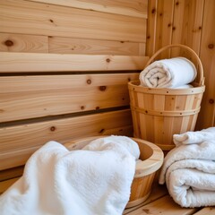 Serene Interior of a Traditional Sauna with Wooden Walls and Soft White Towels in a Relaxing Atmosphere