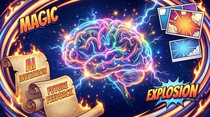 Colorful Abstract Brain Visualization with Neon Lights and Magic Elements Representing Imagination