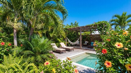 Tropical Outdoor Oasis with Pool and Hammock Surrounded by Lush Garden and Colorful Flowers
