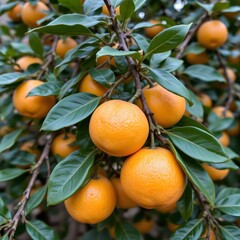 Ripe Oranges Hanging on a Citrus Tree Branch Surrounded by Lush Green Leaves in a Sunny Garden
