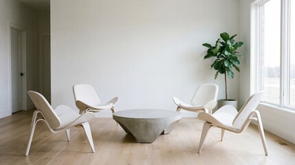 Minimalist Interior Design with Modern Chairs and Concrete Coffee Table in Bright Living Space