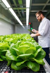 Scientist monitors hydroponic lettuce growth in an indoor controlled environment. Use: food industry, educational materials.