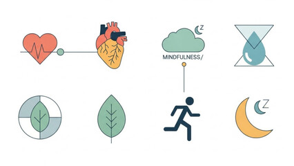 Mindfulness and wellness icons including heart rate, running, and meditation symbols