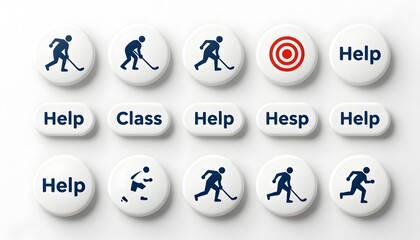 Collection of Hockey Themed Buttons Featuring Illustration Icons and Help Text on a White Background