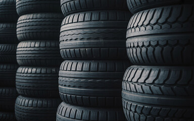Stack of New Black Car Tires in Warehouse Storage