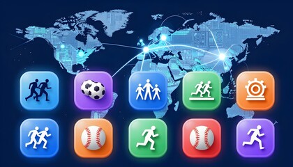 Colorful Sports Icons Representing Global Activities and Community Engagement on a Digital World Map