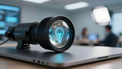 Projector Displaying Lightbulb Icon on Modern Laptop During Business Meeting in Contemporary Office