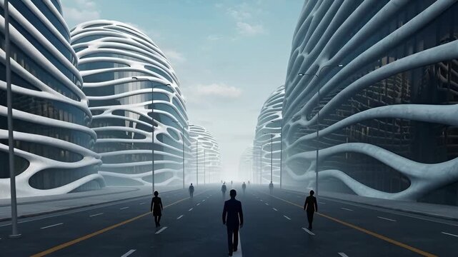 Futuristic city street with modern parametric architecture and silhouettes of people. A conceptual vision of a future metropolis representing urban development and innovation