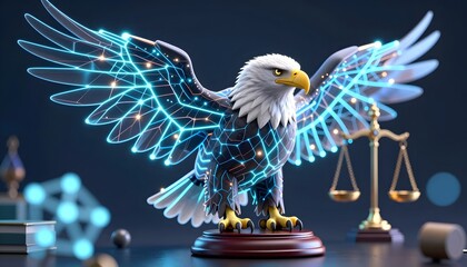 Digital Eagle Sculpture Representing Justice and Freedom with Glowing Elements and Scale