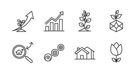 Line art icons representing growth finance nature and homeownership in a minimalist silhouette