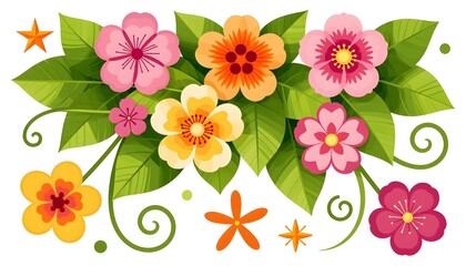 Colorful Floral Arrangement Featuring Various Flowers and Lush Green Leaves on a White Background