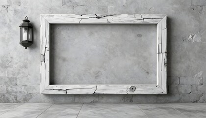 Empty Picture Frame Mounted on Brick Wall with Vintage Lantern in Minimalist Interior Design