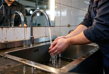 Male worker washes hands in stainless steel commercial kitchen sink. Use: restaurant health check, culinary training material.