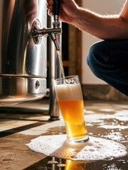 A bartender pours golden craft beer from a metal tap into a glass at a brewery. Use: restaurant menu, bar advertisement, lifestyle blog.