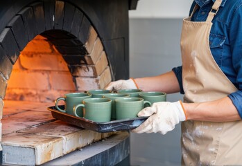 A person carefully removes green pottery mugs from a brick oven. The scene captures the artisanal craftsmanship and meticulous process of handmade.