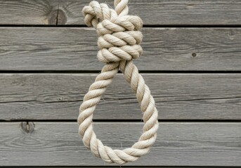 Obraz premium A hangman's knot, commonly known as a noose, intricately tied with thick rope against a weathered wooden backdrop